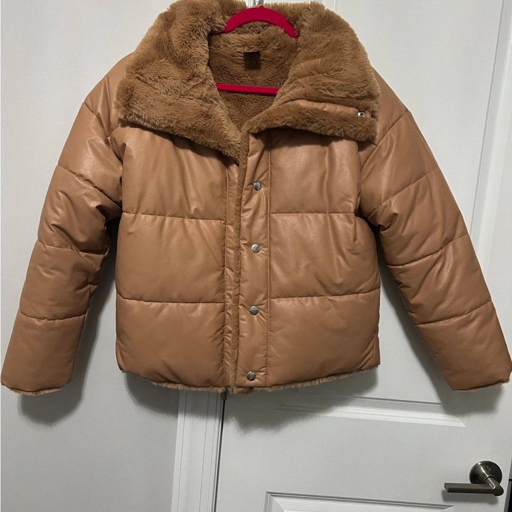 Express Women's Tan Puffer Jacket with Faux Fur